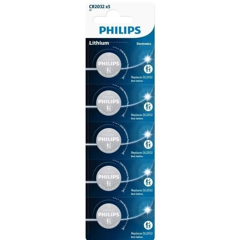 Pack de 5 Pilas de Botón Philips CR2032P5/01B Lithium