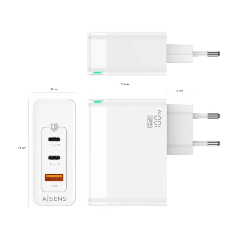 Cargador de Pared GaN Aisens ASCH-100W3P008-W, foto 4