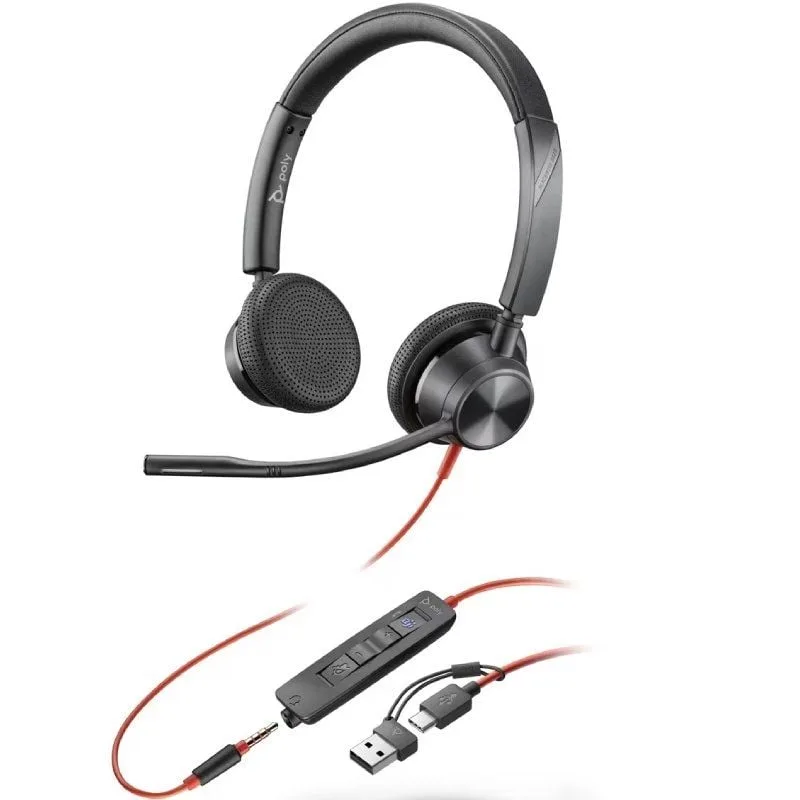 Auriculares Poly Blackwire 3225 para Microsoft Teams + 3.5 mm + Adaptador USB-C/A