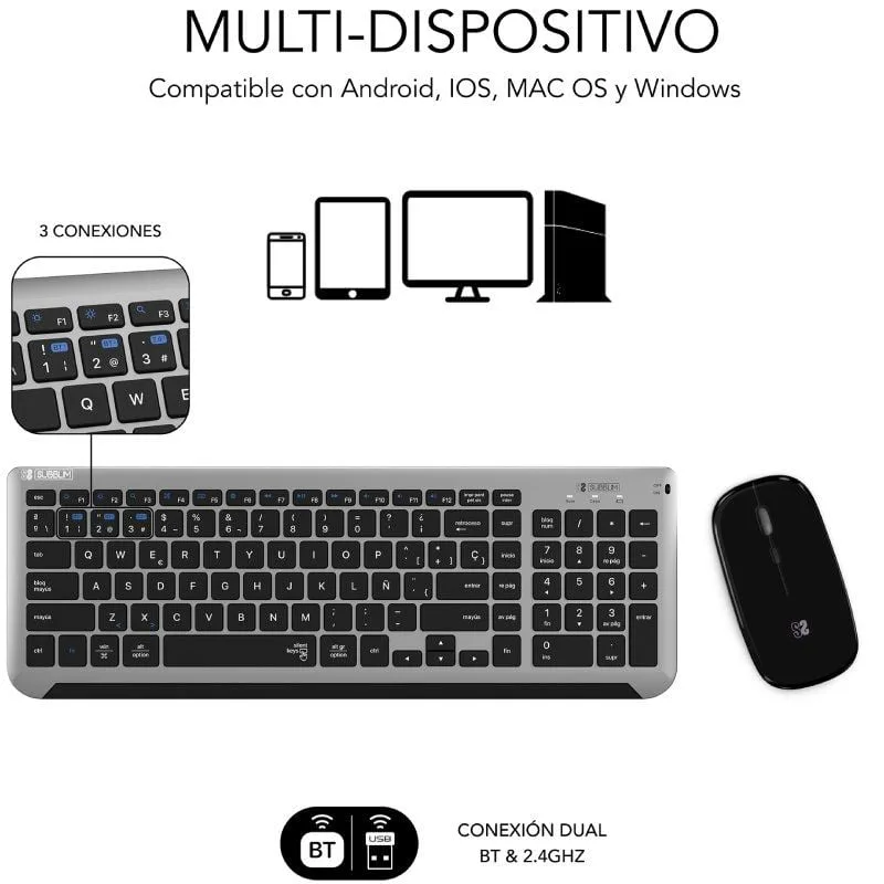 Teclado y Ratón Inalámbrico Subblim Combo Dual Prestige Extendido, foto 3
