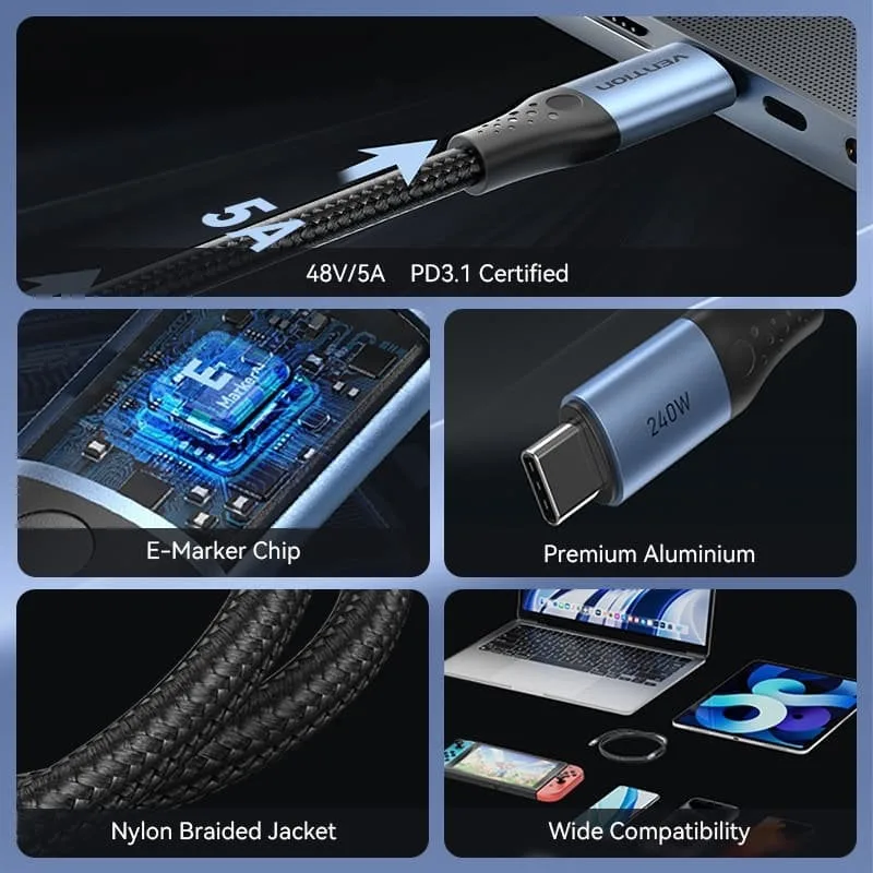 Cable USB 2.0 Tipo-C 5A Vention TREBH, foto 2