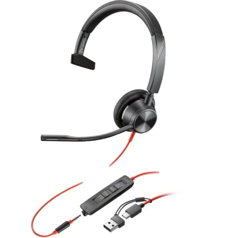 Auricular Poly Blackwire 3315 para Microsoft Teams + Adaptador USB-C/A