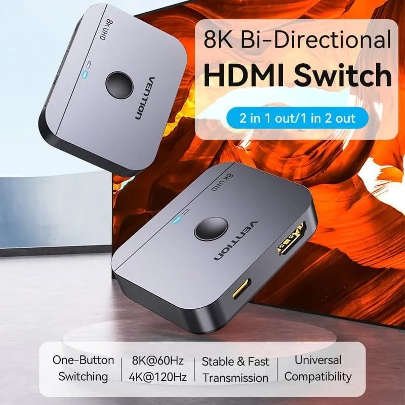 Switch Conmutador 8K HDMI 2.1 Bidireccional Vention AKPB0 HDMI Hembra/USB-C Hembra - 2x HDMI Hembra, foto 2