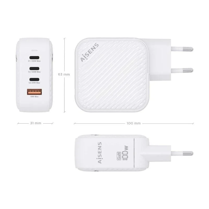 Cargador de Pared GaN Aisens ASCH-100W4P028-W, foto 4