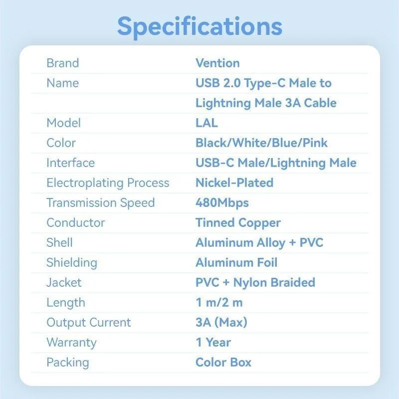 Cable USB Tipo-C Lightning Vention LALBH, foto 2