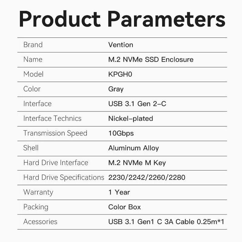 Caja Externa para Disco SSD M.2 NVMe Vention USB Tipo-C KPGH0, foto 3